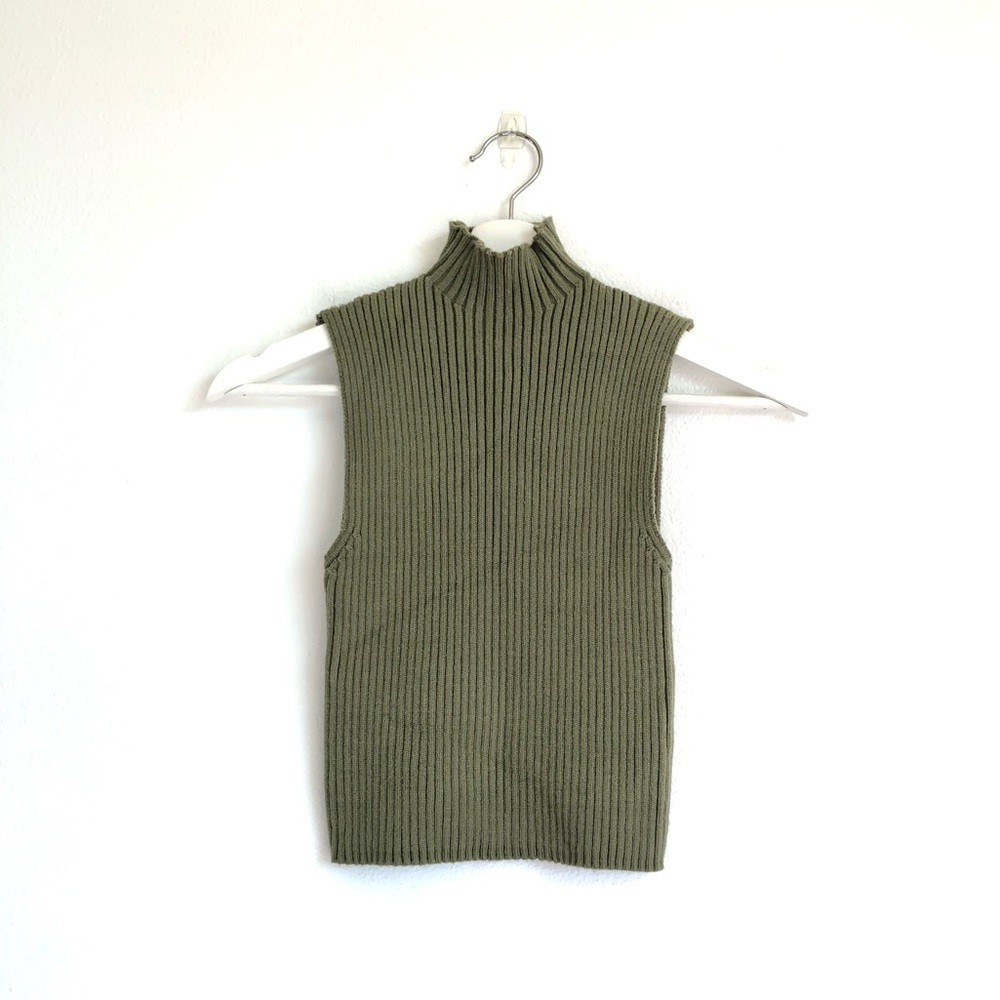 Zara Olive Green Ribbed Knit Sleeveless Mock Turtleneck Tank Top Size Small